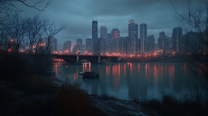 Urban skyline glowing at night with river lights high resolution picture
