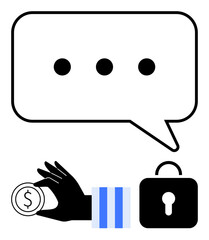 Speech bubble symbolizes communication, hand holding coin for finance themes, lock for security. Ideal for fintech, online privacy, data protection, banking, encryption, messaging apps flat simple
