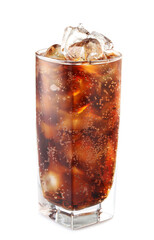 Glass of cola with ice cubes isolated on white