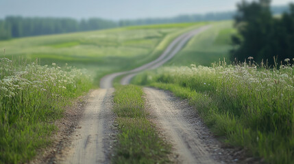 Fototapeta premium A winding dirt road disappears into the distance through lush green fields and tall wildflowers on a bright summer day.