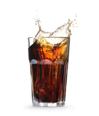 Cola splashing out of glass isolated on white