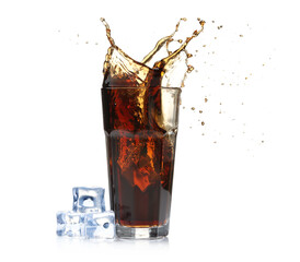 Cola splashing out of glass isolated on white