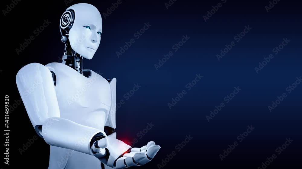 Poster ai hominoid robot holding hologram screen shows concept of global communication network using artifi
