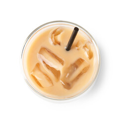 Tasty iced coffee in glass isolated on white, top view