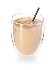 Tasty iced coffee in glass isolated on white