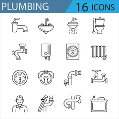 Home Plumbing and Maintenance Icons Set in Line Art Style
