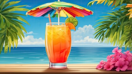 A colorful, layered cocktail served in a tall glass adorned with a paper umbrella and citrus slices