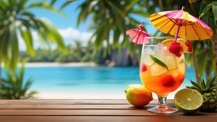 A colorful, layered cocktail served in a tall glass adorned with a paper umbrella and citrus slices