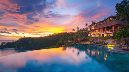 Fototapeta premium Sunset color fair at island resort, colorful evening sky view by the sea, sunset on tropical island, island evening resort under colorful sky, tropical evening island color