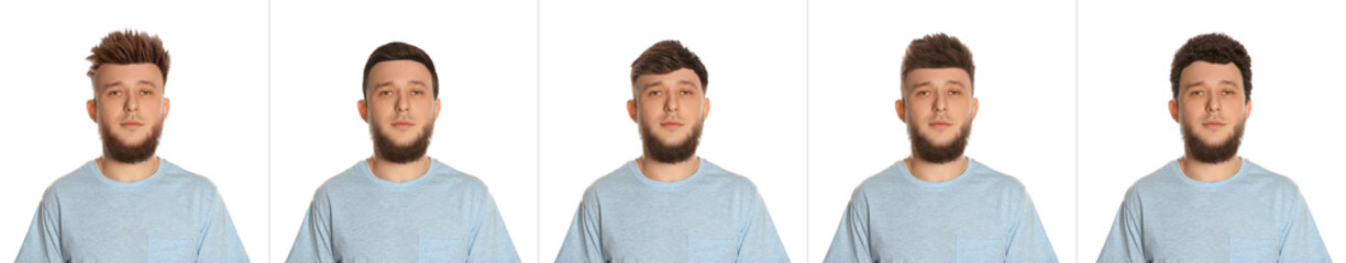 Fototapeta premium Man with different hairstyles on white background, collage of portraits