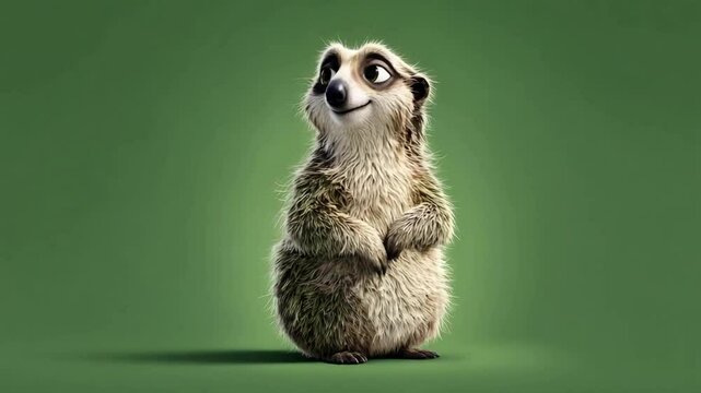 Cute animated meerkat standing upright on a vibrant green background, looking cheerful and curious