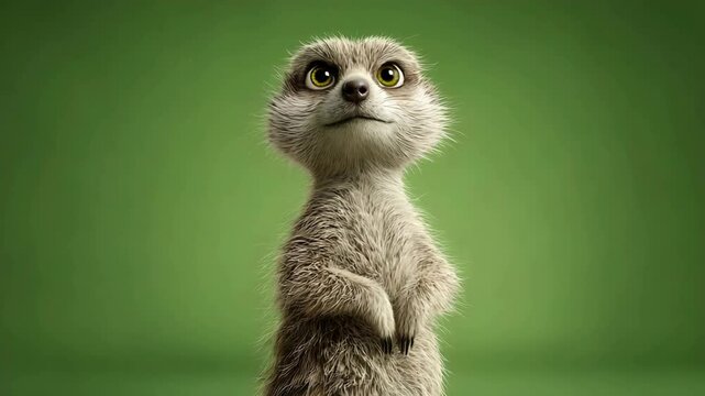 Cute meerkat standing upright with inquisitive expression against a vibrant green background