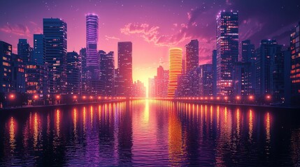 Fototapeta premium Neon Cityscape at Sunset: A Vibrant Metropolis
