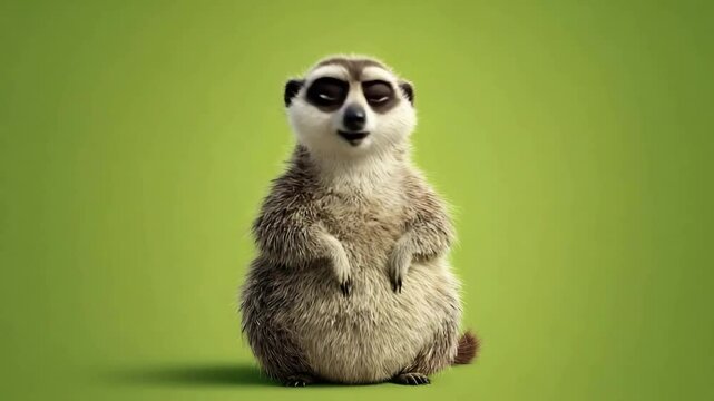 Cute animated meerkat character with a cheerful expression against a vibrant green background