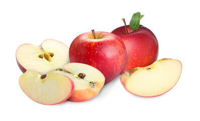 Fresh juicy red apples isolated on white. Whole and sliced