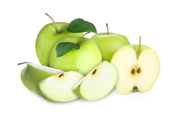 Fresh juicy green apples isolated on white. Whole and sliced