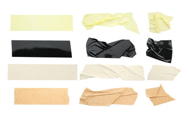 Pieces of different adhesive tapes isolated on white, set