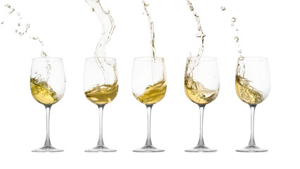 White wine splashing in glasses on white background, set