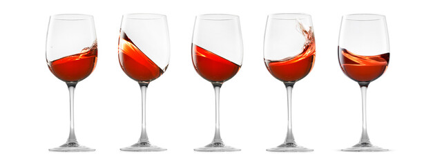 Red wine splashing in glasses on white background, set