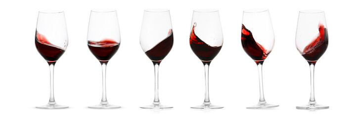 Red wine splashing in glasses on white background, set