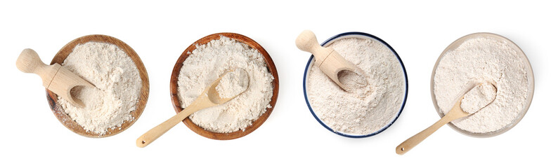 Brown rice flour in bowls isolated on white, set. Top view