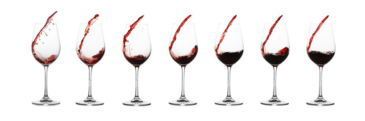 Red wine splashing in glasses on white background, set