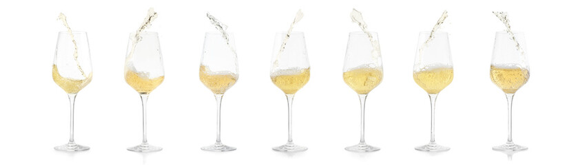 White wine splashing in glasses on white background, set
