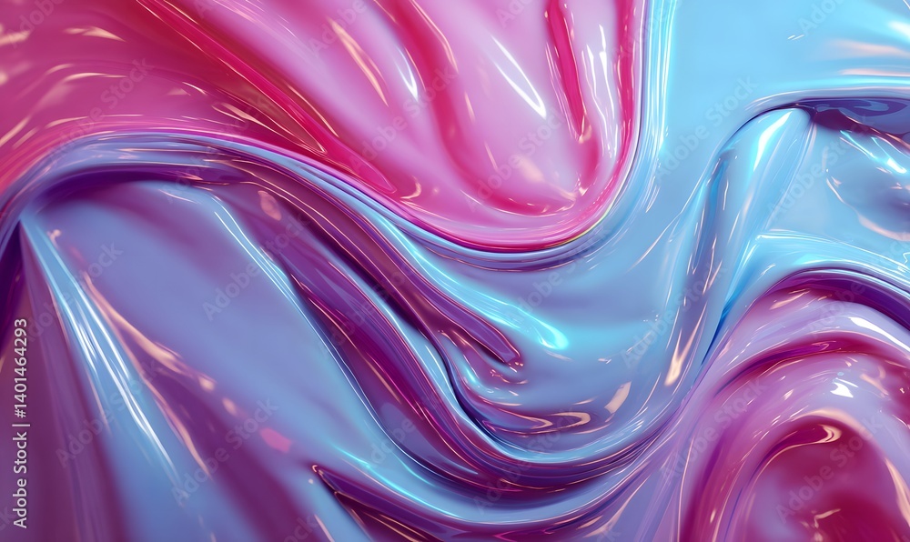 Poster close up of shiny fabric with pink and blue colors in a rippled and wavy pattern with light reflecti