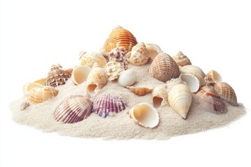 Obraz premium Seashells and sand arrangement on white background