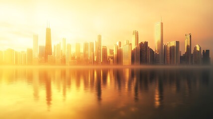 Urban sunset skyline reflected in still water high resolution picture