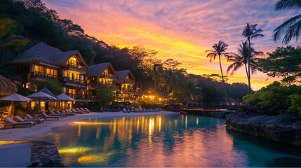 Sunset color fair at island resort, colorful evening sky view by the sea, sunset on tropical island, island evening resort under colorful sky, tropical evening island color