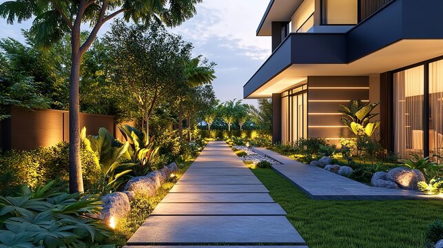 Evening view of a modern house with a stone path and lush green garden with landscape lighting