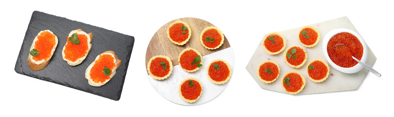 Yummy red caviar. Sandwiches and tartlets with salmon roe isolated on white, set