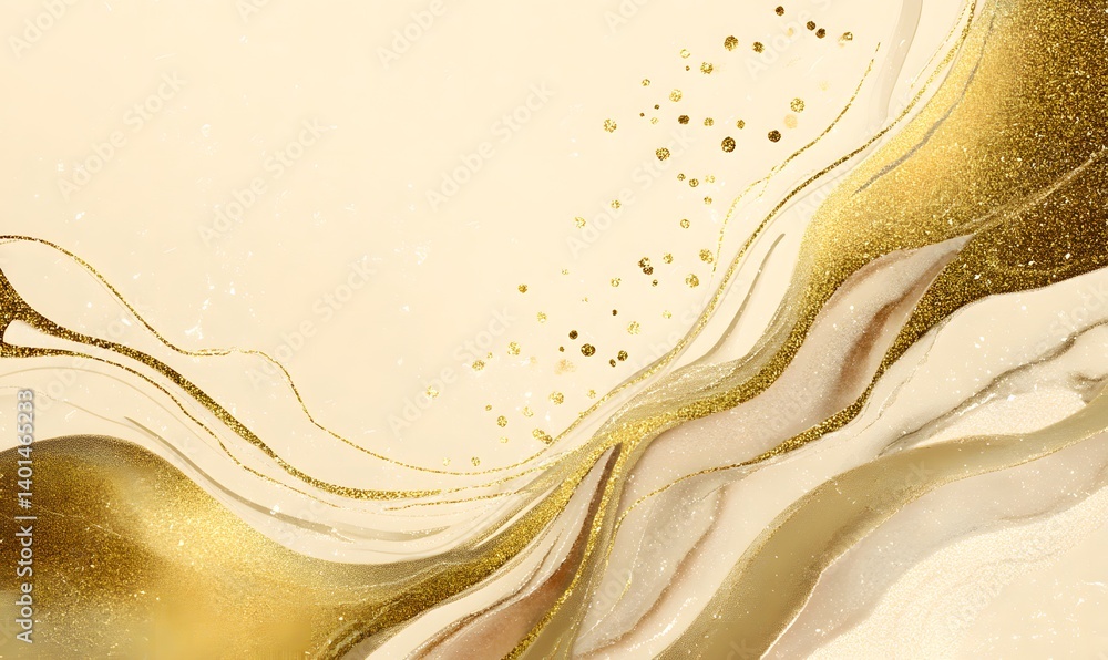 Poster abstract beige and gold background with flowing lines and scattered glittery dots and wavy patterns