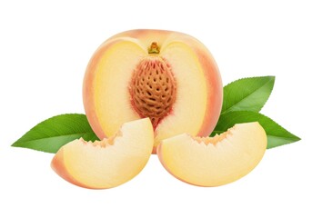 Sliced peach with leaves showing the pit and fruit flesh detail isolated on white background