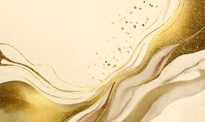 Abstract beige and gold background with flowing lines and scattered glittery dots and wavy patterns
