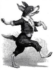 Fable Fox on the Move: A charming fox illustration from a classic fable strides confidently. The animal wears a well-tailored suit as it captures the whimsical spirit of a bygone era. © Stanley