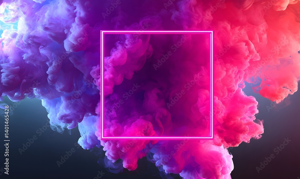 Poster abstract colorful smoke background with a glowing square frame in the center of the composition