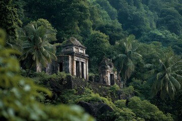 Obraz premium Misty, early morning light reveals weathered temple ruins nestled in dense greenery, offering a glimpse into history and nature's beauty Generative AI