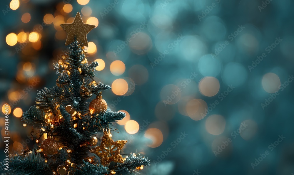 Poster close up of a christmas tree with a star on top and lights with a blurred background of bokeh lights