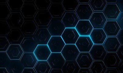 Abstract dark background with glowing blue hexagons in a geometric honeycomb pattern design