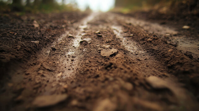 A close-up view reveals a muddy dirt road with tire tracks and small stones after a light rain, the sun shining faintly in the background creating a warm tone.