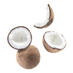 Many fresh coconuts flying on white background