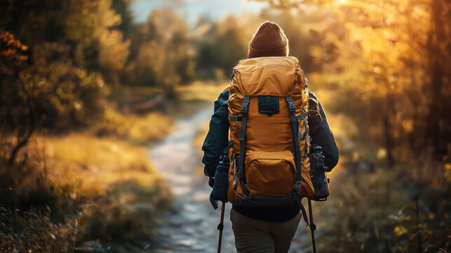 A lone hiker with a large orange backpack walks a trail through a scenic autumn forest enjoying the golden sunlight filte through the trees on a solo adventure.