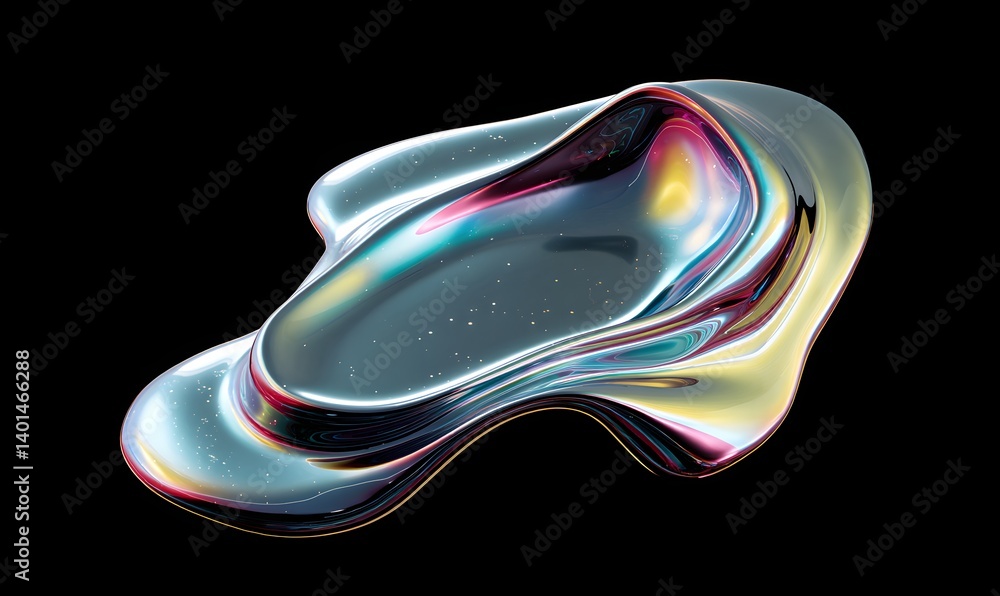 Poster iridescent abstract shape with smooth curves and reflections on a black background digital art