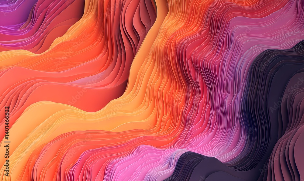 Poster abstract layers of orange pink and purple creating a fluid and dynamic wave like composition