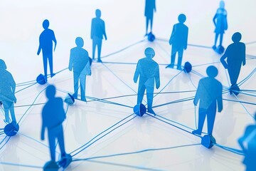Blue paper cutouts of people on a network connection with a white background, a social media and