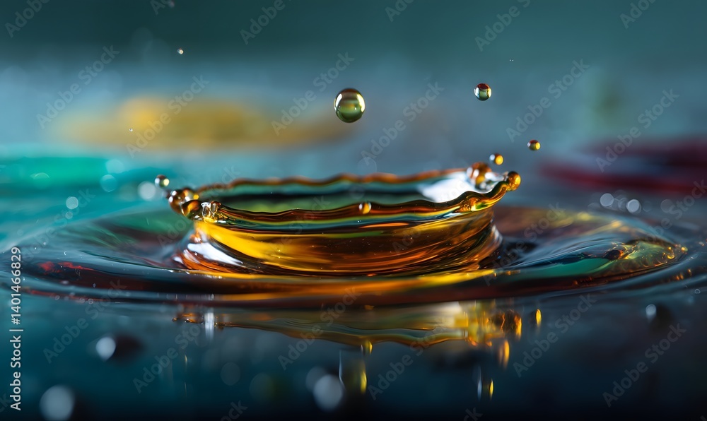 Poster a close up shot of a liquid drop collision with visible droplets and vibrant colored background blur