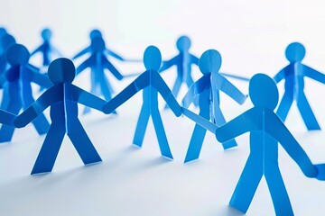 Blue paper people on a white background, connected by lines forming a network or chain, symbolizing