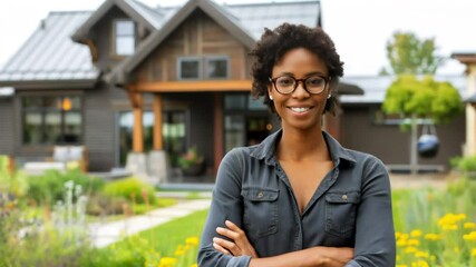Young and smiling African-American woman standing proudly in front of new home, First time home buyer concept